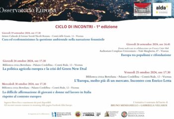 “Osservatorio Europa”: dal 19 settembre al 30 ottobre un ciclo di incontri con Accademia Olimpica e ALDA sul futuro dell’Unione Europea. Si discuterà di ambiente, politiche agricole, mercato unico, lavoro e diritti sociali.